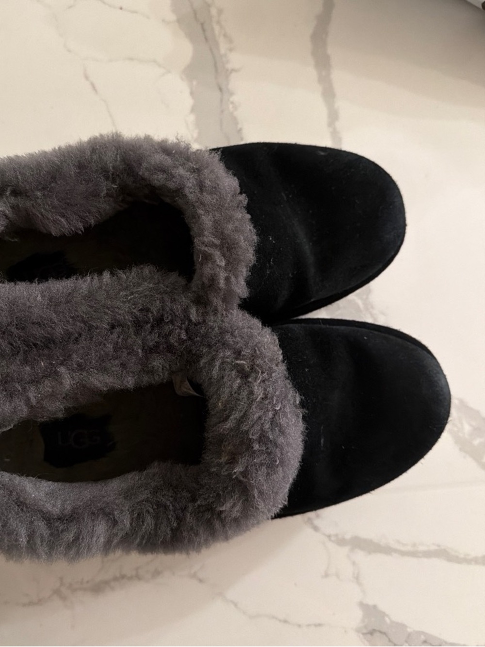 UGG Black Suede Slip-On Shearling Slippers with Gray Lining